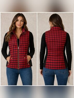 Red Black Plaid Quilted Puffer Vest Zip Front Women’s Small NWOT